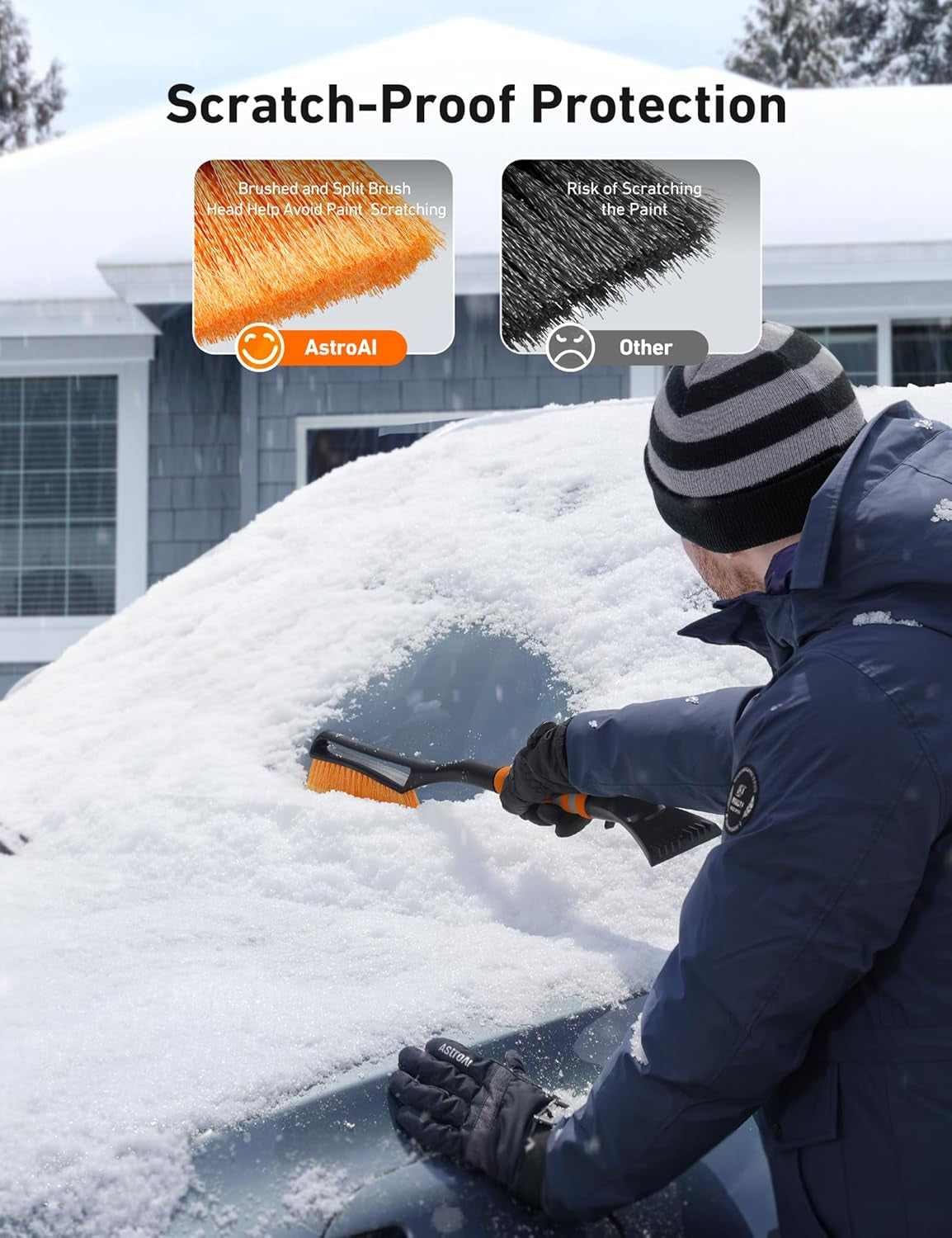 Astroai 27" Snow Brush and Ice Scrapers for Car Windshield, Detachable Snow Scrapers with Ergonomic Foam Grip for Cars, Trucks, Suvs (Heavy Duty ABS, PVC Brush, Orange)