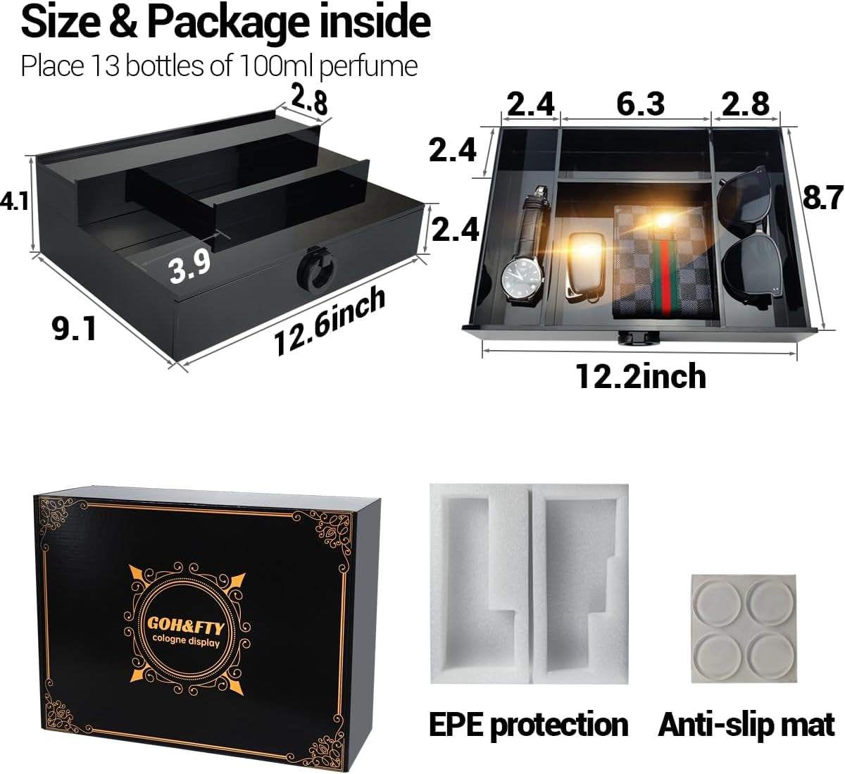 Cologne Organizer for Men,3 Step Arylic Waterproof Black Cologne Stand with Draw