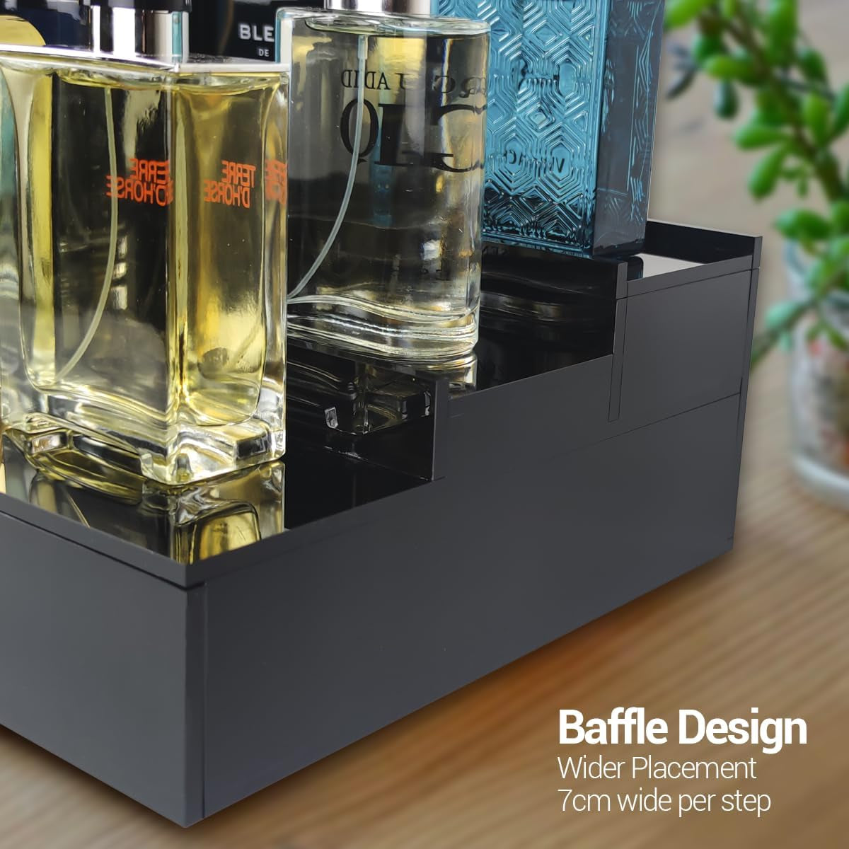 Cologne Organizer for Men,3 Step Arylic Waterproof Black Cologne Stand with Draw