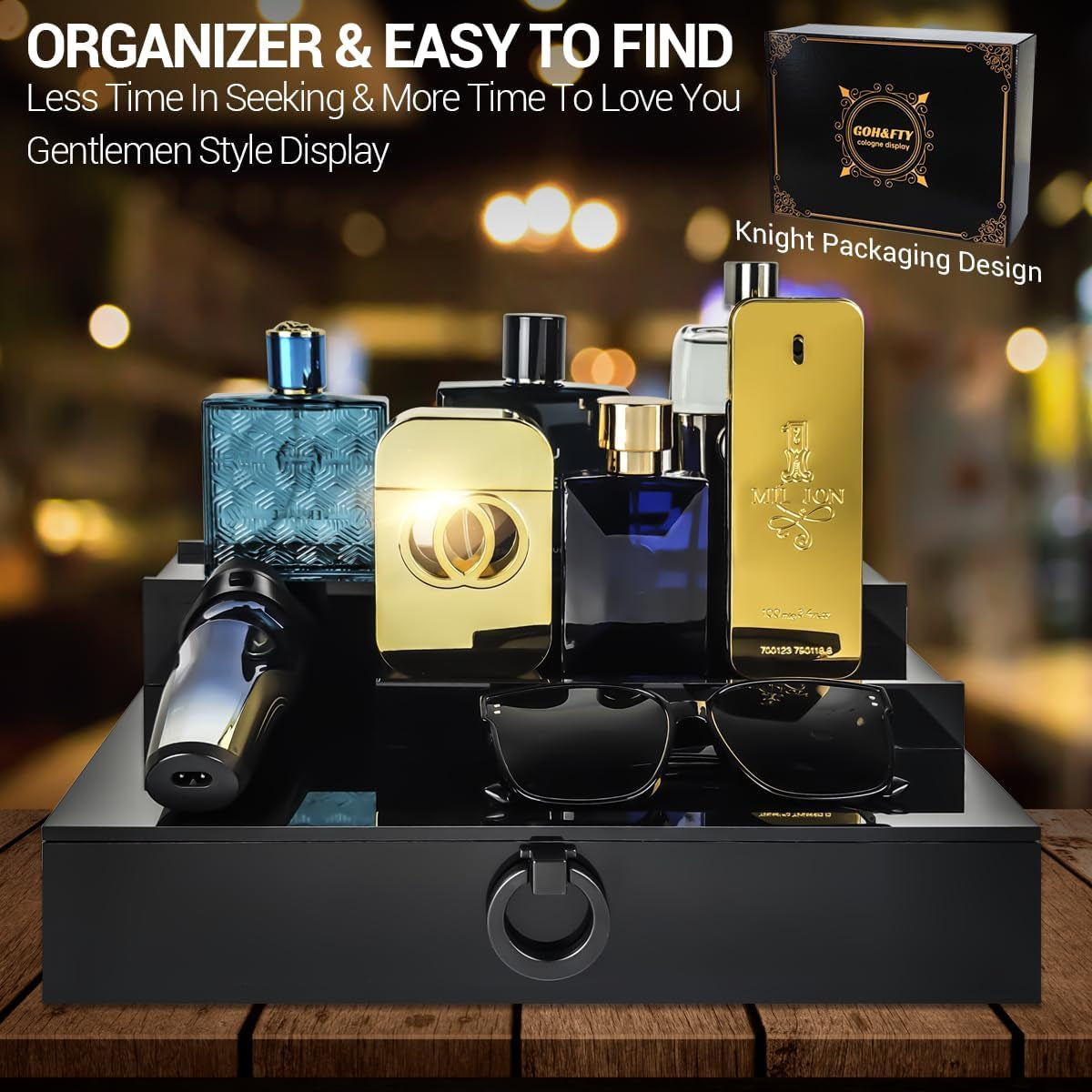 Cologne Organizer for Men,3 Step Arylic Waterproof Black Cologne Stand with Draw