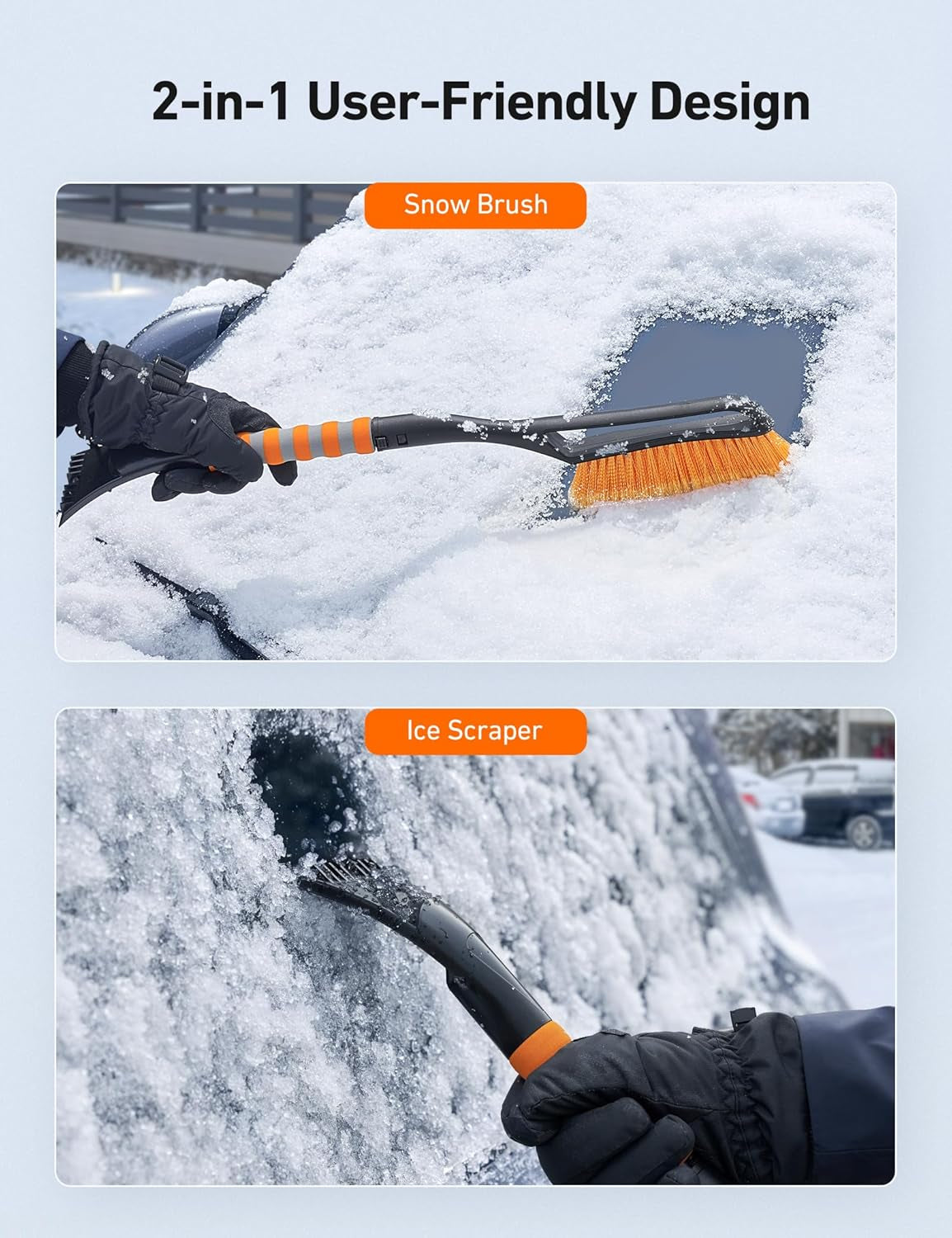Astroai 27" Snow Brush and Ice Scrapers for Car Windshield, Detachable Snow Scrapers with Ergonomic Foam Grip for Cars, Trucks, Suvs (Heavy Duty ABS, PVC Brush, Orange)