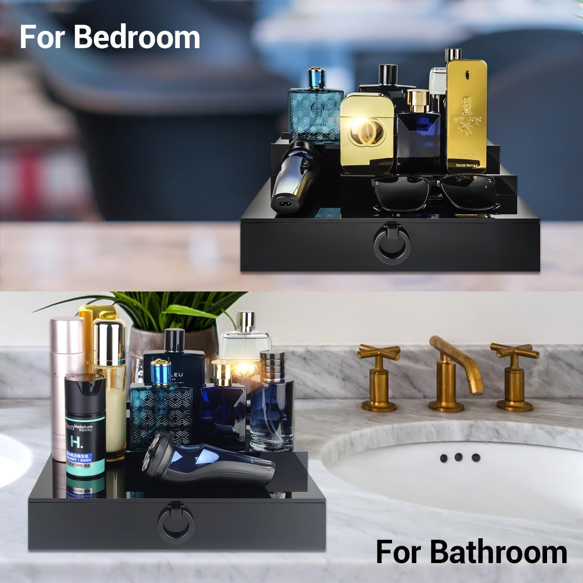 Cologne Organizer for Men,3 Step Arylic Waterproof Black Cologne Stand with Draw