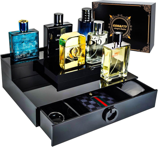 Cologne Organizer for Men,3 Step Arylic Waterproof Black Cologne Stand with Draw